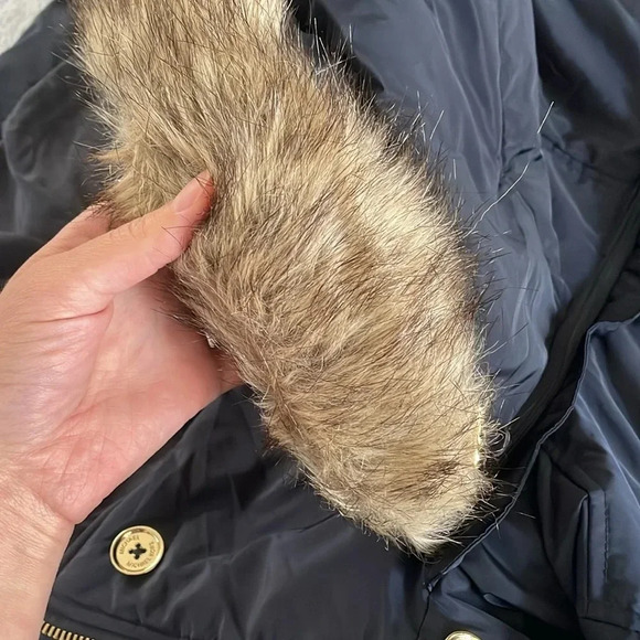 Michael Kors Longline Belted Puffer Coat Women’s XXS Navy Faux-Fur-Trim Jacket - Picture 15 of 16